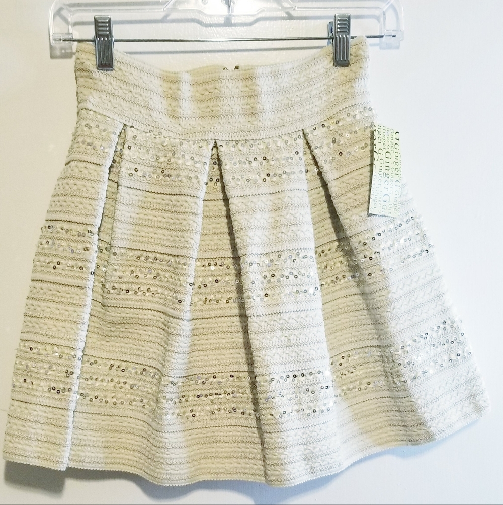 Ginger G Elegant Cream A-Line Mini Skirt with Sequins Accents NWT
